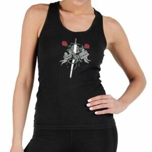 Hard Tail Womens L Y2K Racerback Fitted‎ Tank Top Tattoo Roses Sword Black Long
